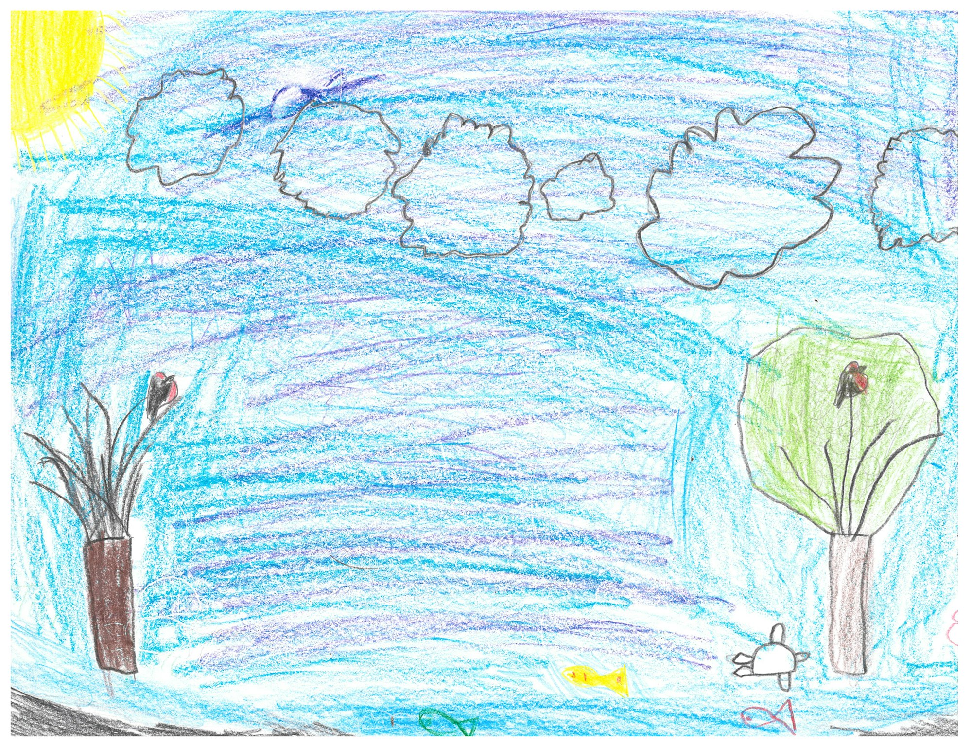 Crayon drawing of ocean scene: squid, fish, sun, blue waves, coral, and sea creature.