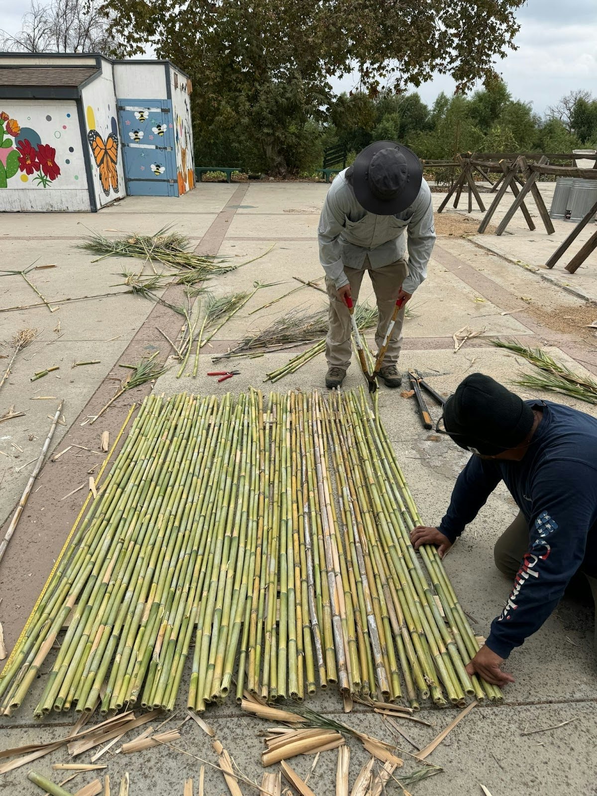 Two people arranging bamboo stalks on the ground near a colorful building.