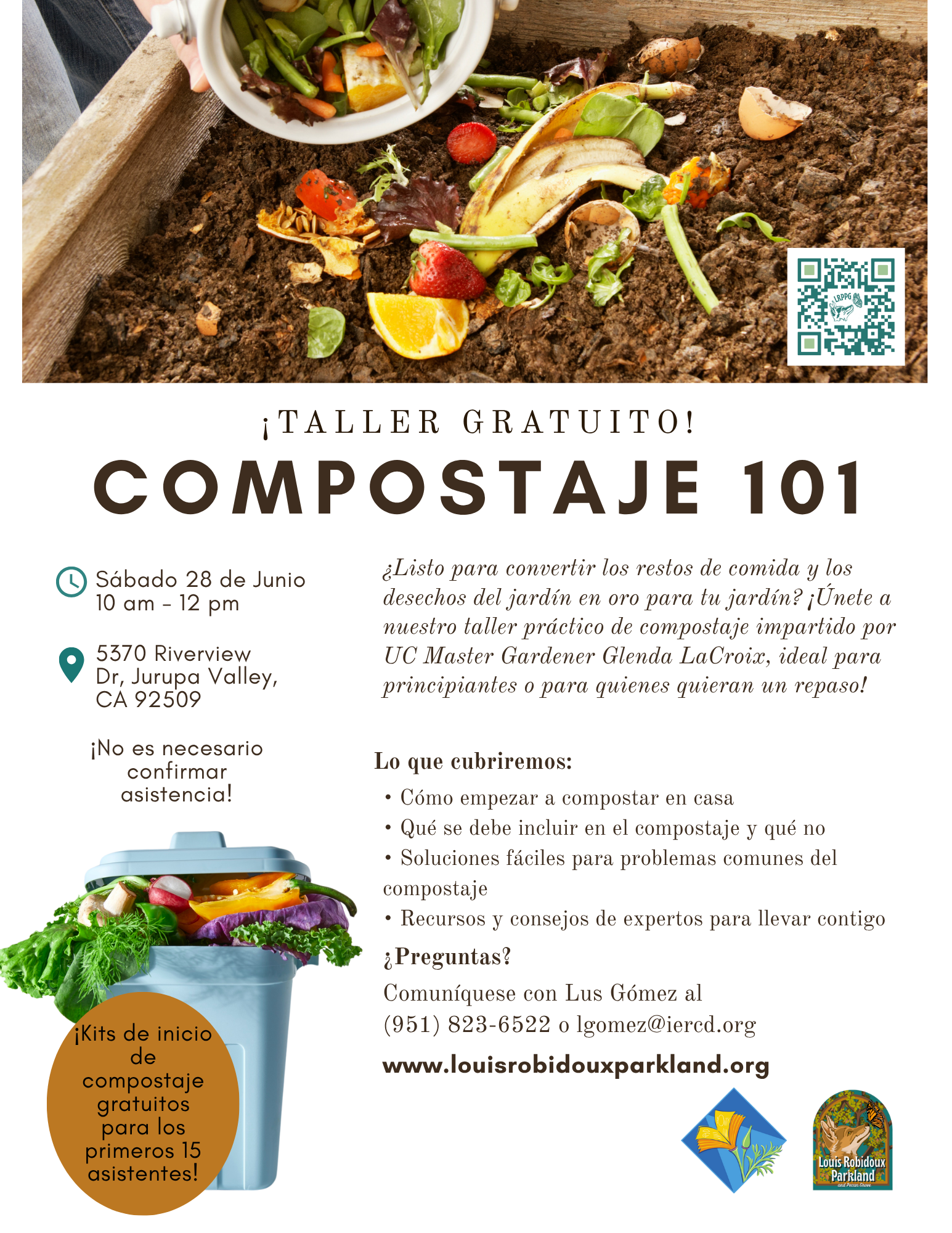 Flyer for a free composting workshop, "Compostaje 101," on June 28th, 10 am-12 pm, in Jurupa Valley, CA. Includes contact info.
