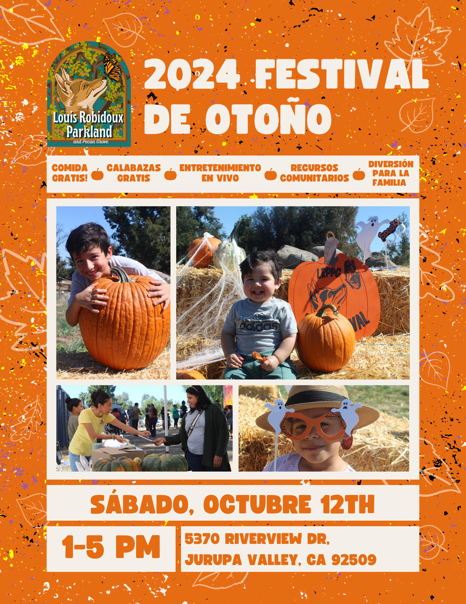 A poster for a 2024 Fall Festival with event details, photos of people with pumpkins, and autumn-themed graphics.