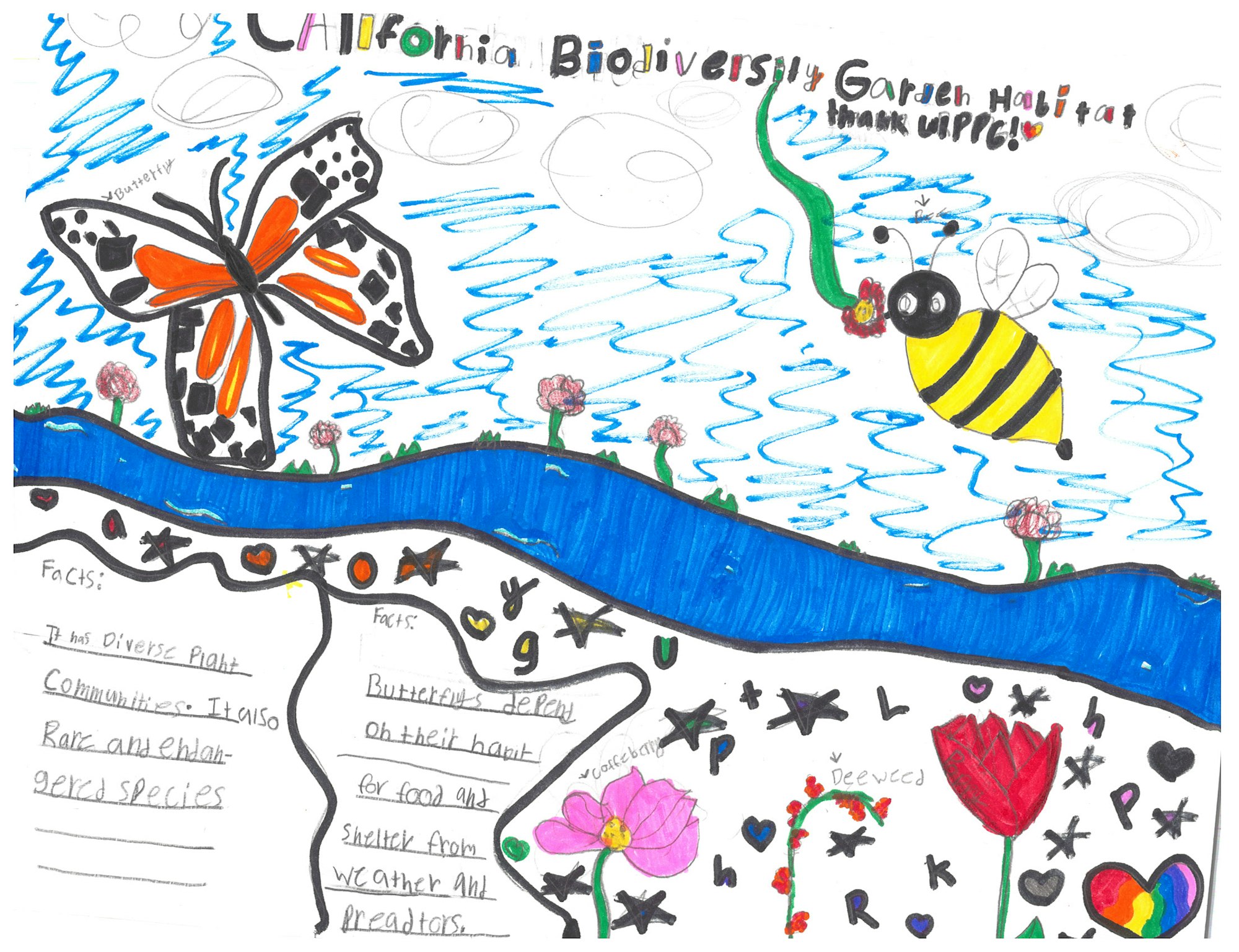 A colorful drawing of a butterfly, bee, flowers, and a river with text about California biodiversity and garden habitats.