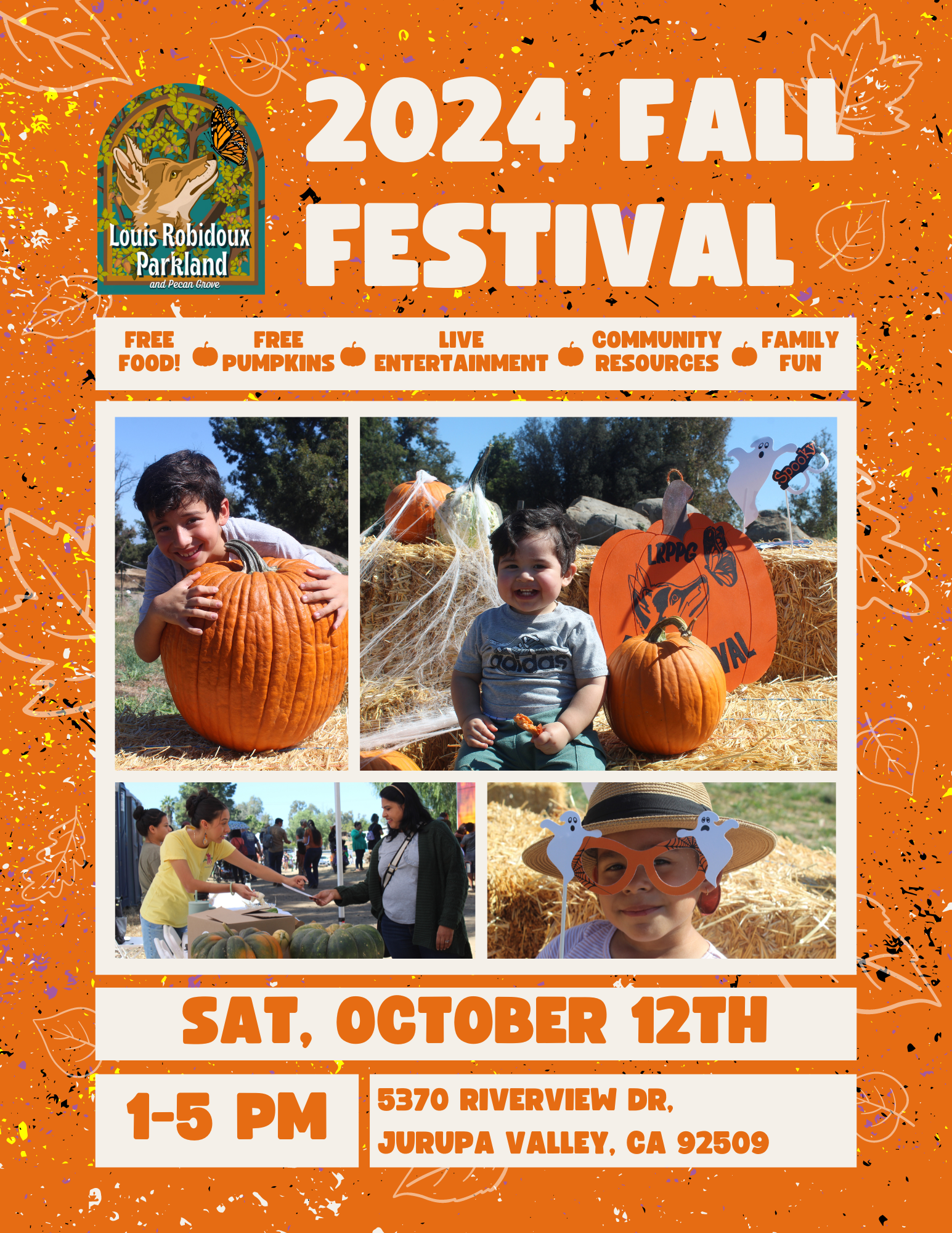 A poster for a Fall Festival in 2024 with photos of people enjoying the event, including a date, time, and location.