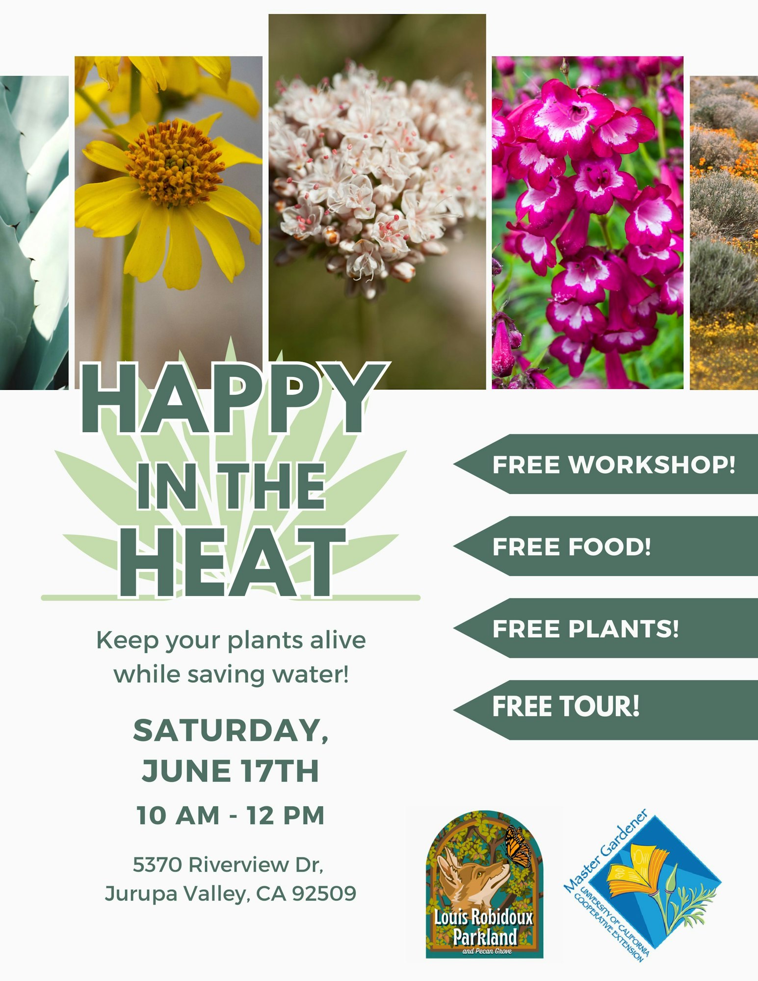Event flyer for a plant workshop on June 17th, 10 AM-12 PM, offering free food, plants, and a tour in Jurupa Valley, CA.