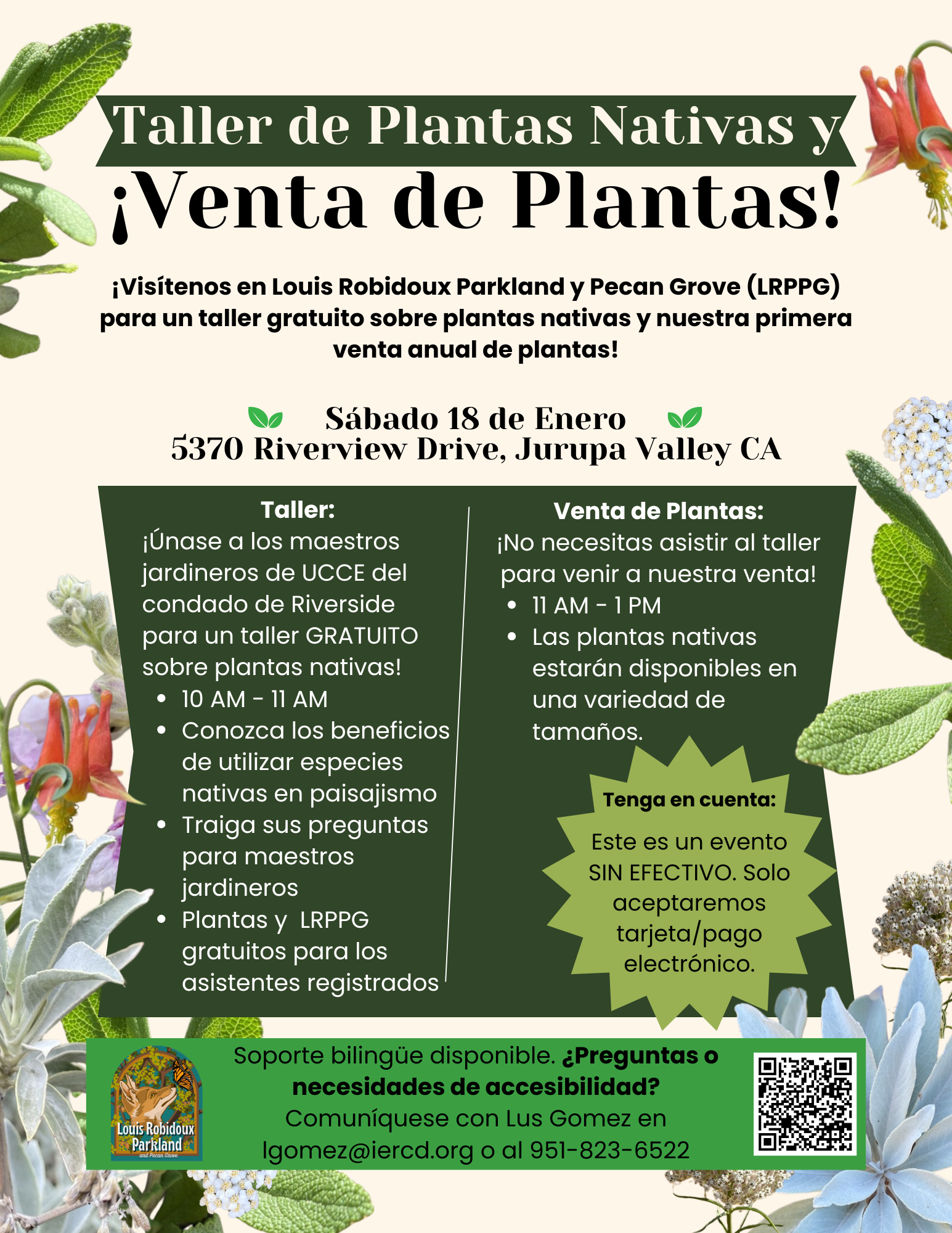 Taller y venta de plantas nativas el 18 de enero en Jurupa Valley, CA. Taller: 10-11 AM. Venta: 11 AM-1 PM. Pago electrónico disponible.