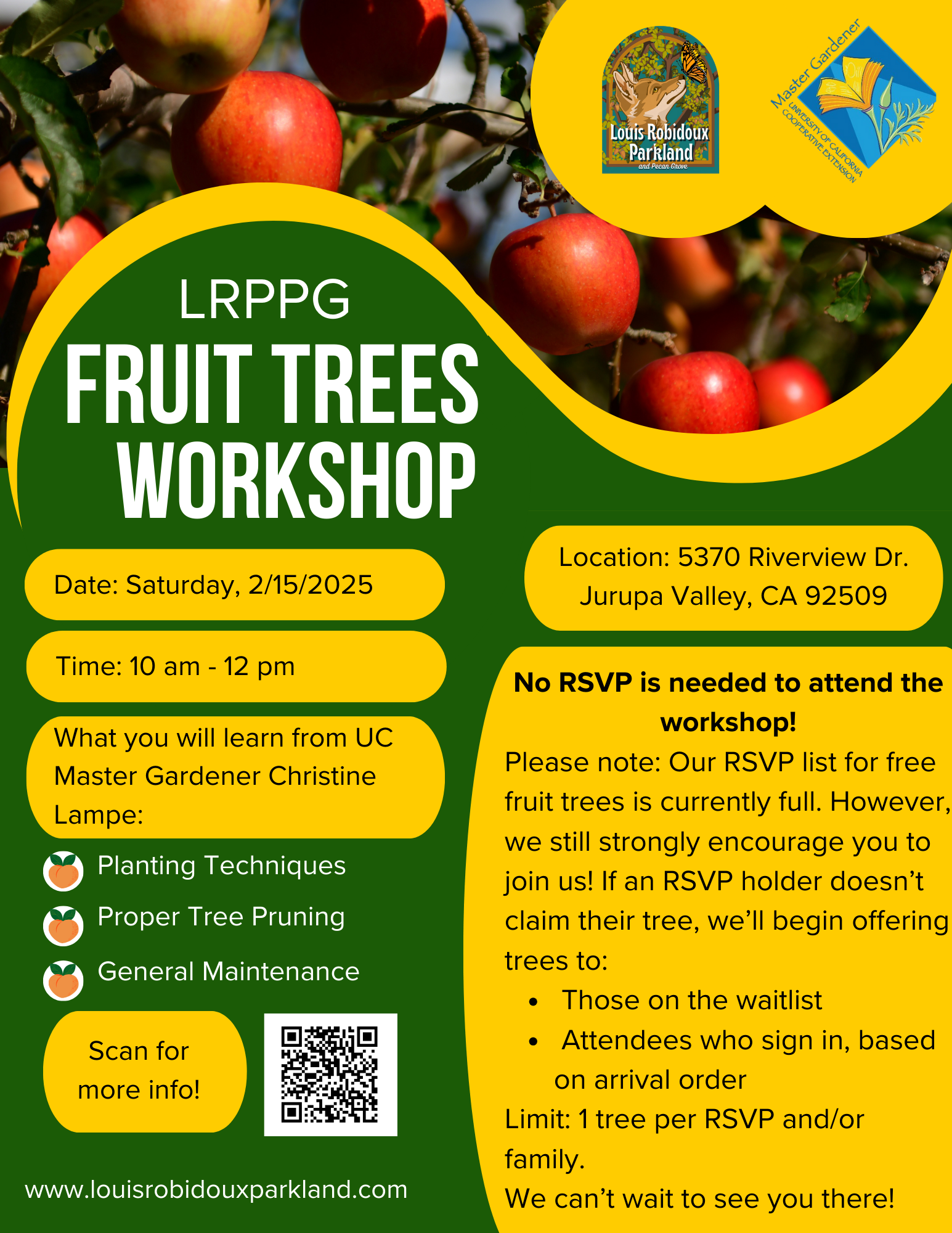 Fruit Trees Workshop on 2/15/2025, 10am-12pm, in Jurupa Valley, CA. Learn planting, pruning, maintenance. No RSVP needed.