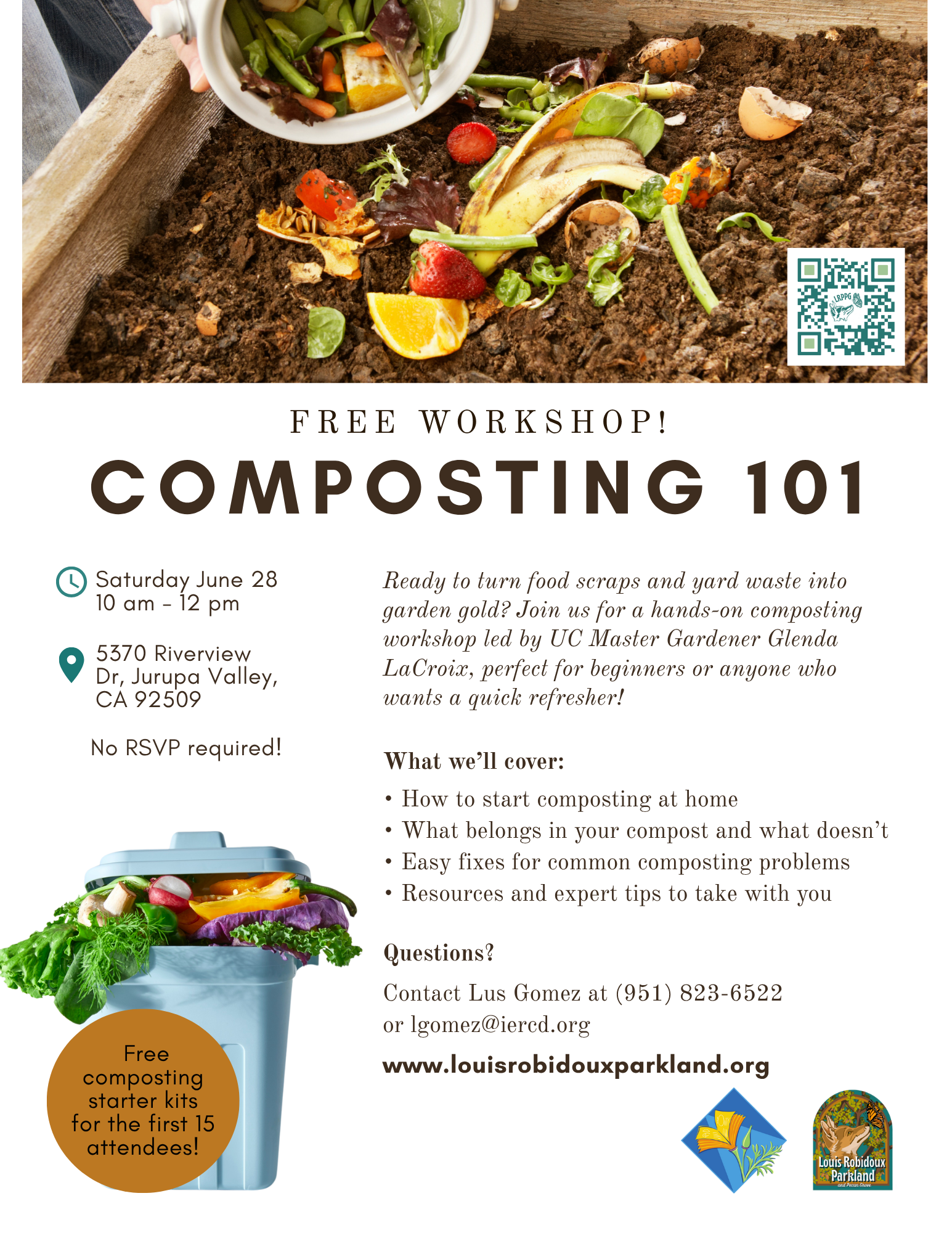 Free "Composting 101" workshop on June 28, 10 am-12 pm, at Jurupa Valley, CA. Includes starter kits, tips, and expert advice. No RSVP needed.