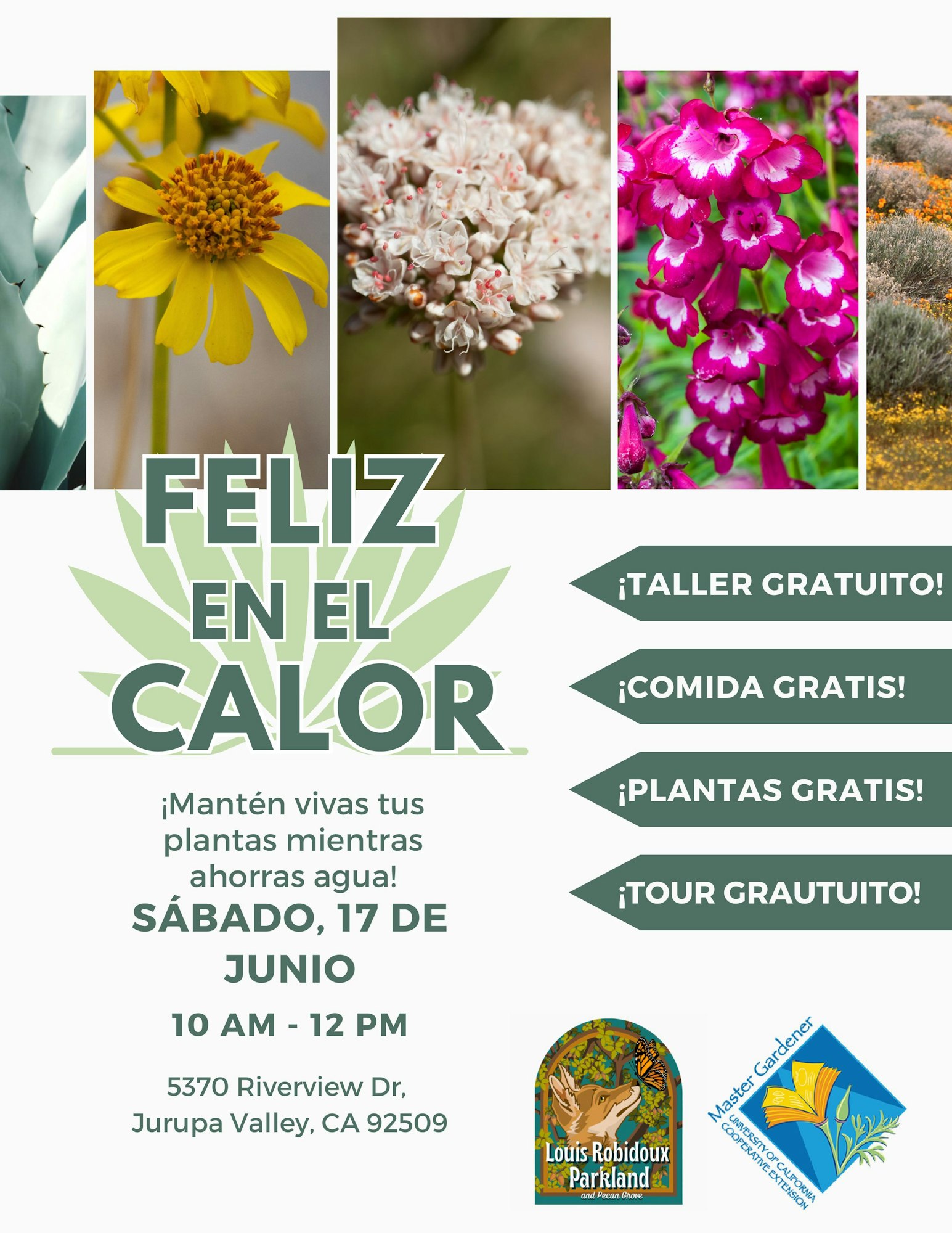Workshop flyer for plant care in heat, offering free events on June 17, 10 AM-12 PM, at Louis Robidoux Parkland, Jurupa Valley, CA.