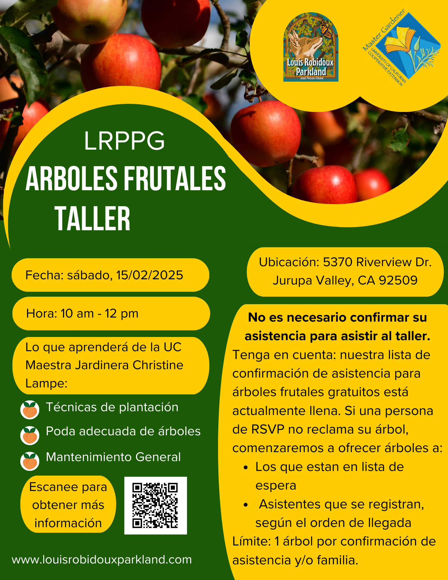 Workshop on fruit trees; Feb 15, 2025, 10am-12pm, Jurupa Valley, CA. Learn planting, pruning, maintenance. More info via QR code.