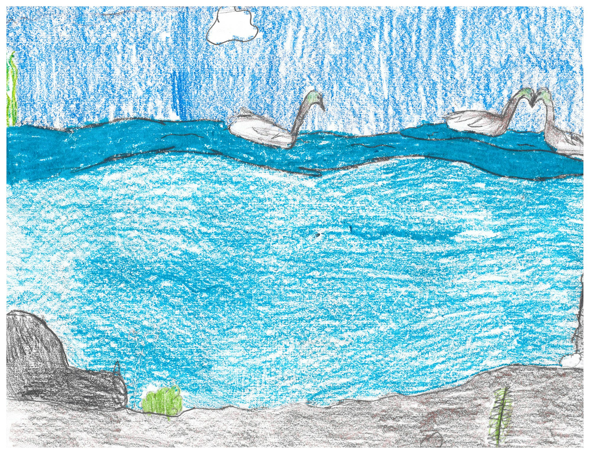 A colorful drawing of a river with surrounding rocky and grassy banks, flowing into a larger body of water.