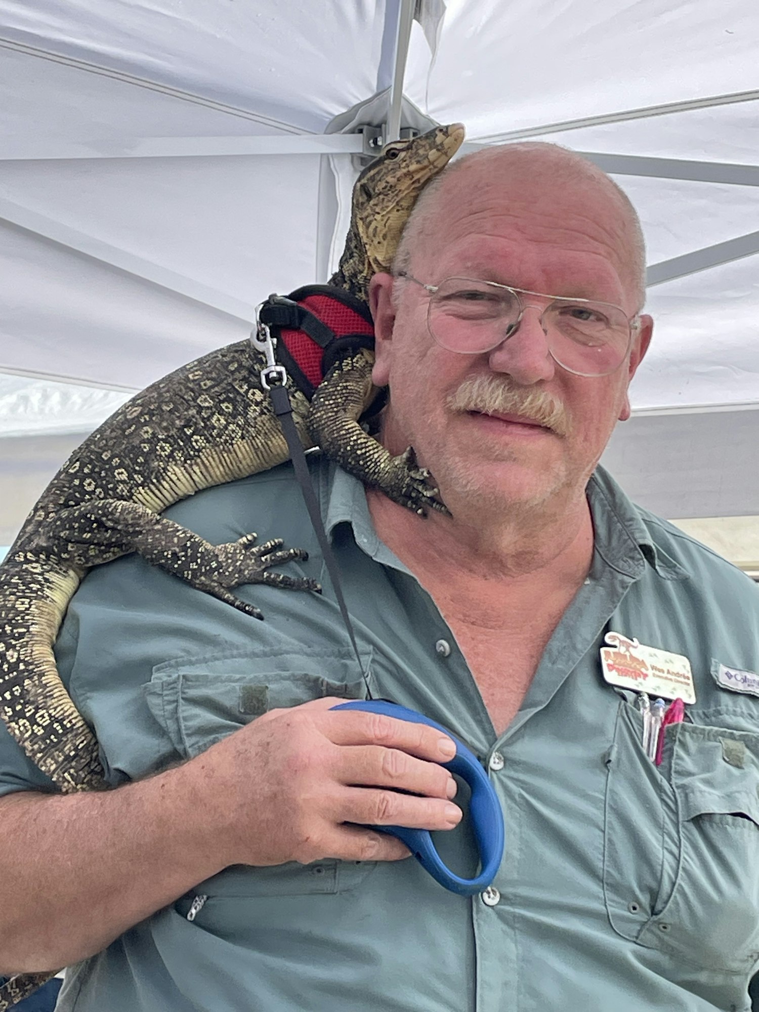 A person in a green shirt with glasses holds a large lizard on their shoulder, under a white tent.