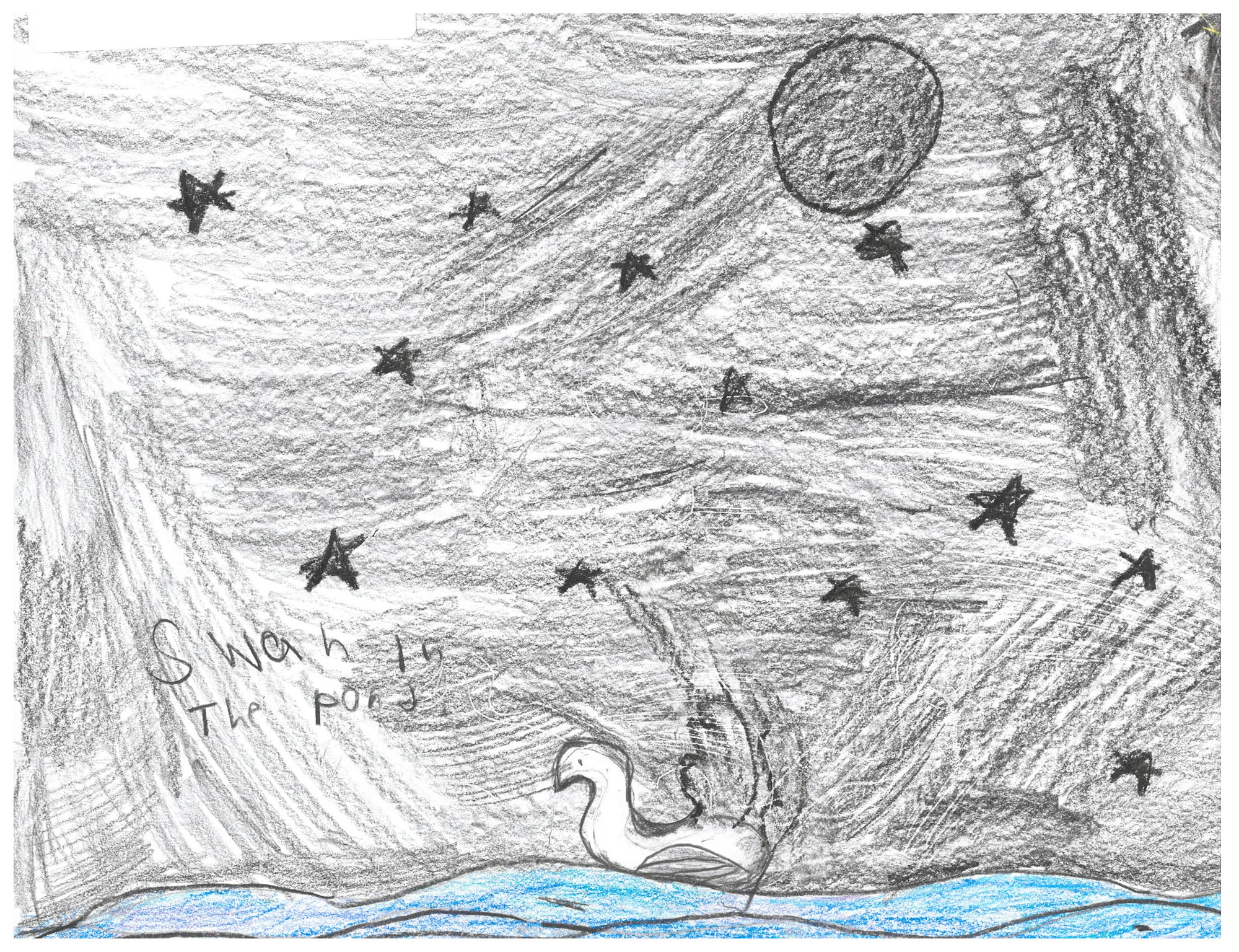 A pencil and crayon drawing of a swan on water under a starry night sky, with the moon and text saying "Swan in the pond."