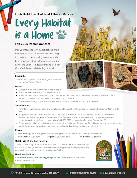 Poster for a Fall 2025 contest: "Every Habitat is a Home," encouraging students to create posters about animal habitats.