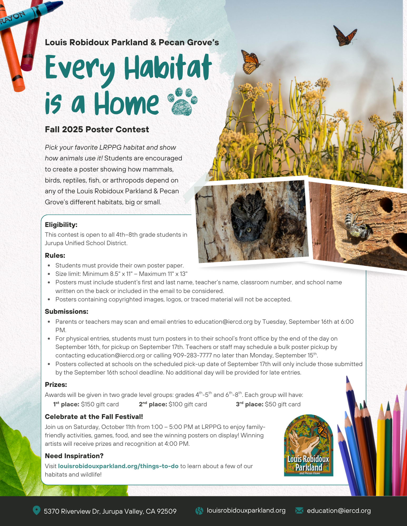 Poster for a Fall 2025 contest: "Every Habitat is a Home," encouraging students to create posters about animal habitats.