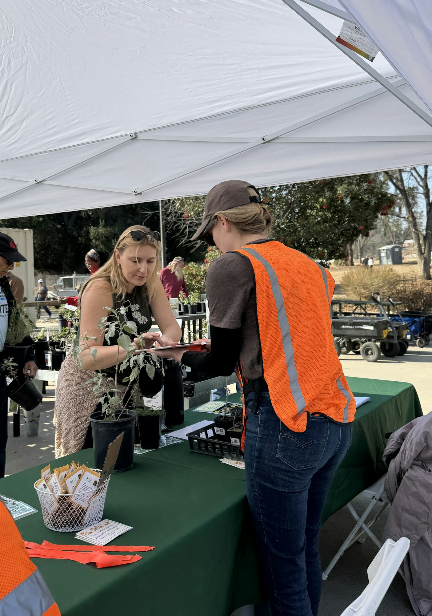 People interacting at an outdoor plant sale or event under a canopy, with plants and information on a table.