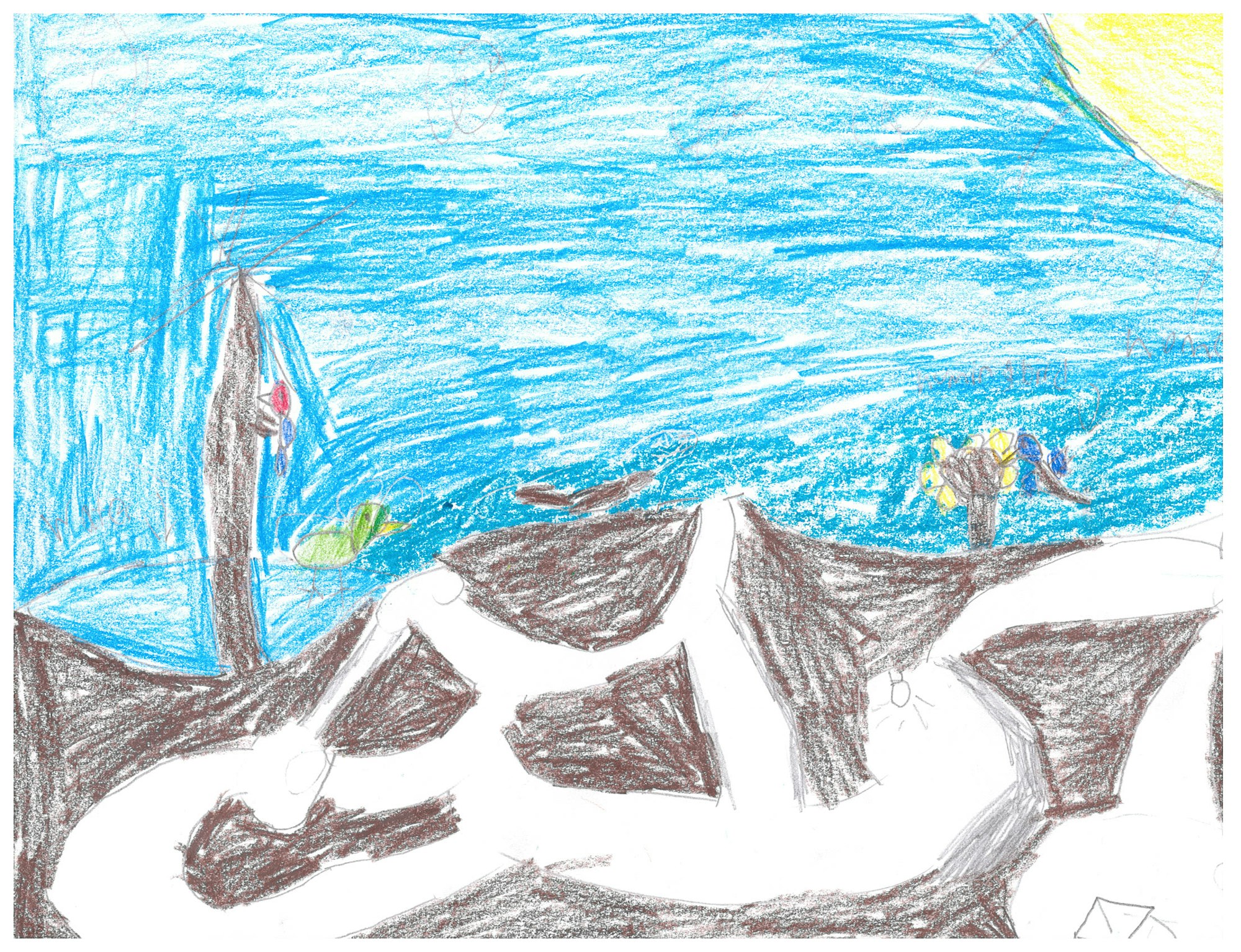 A crayon drawing of a cliff diver near a waterfall, with two people climbing and a butterfly nearby.
