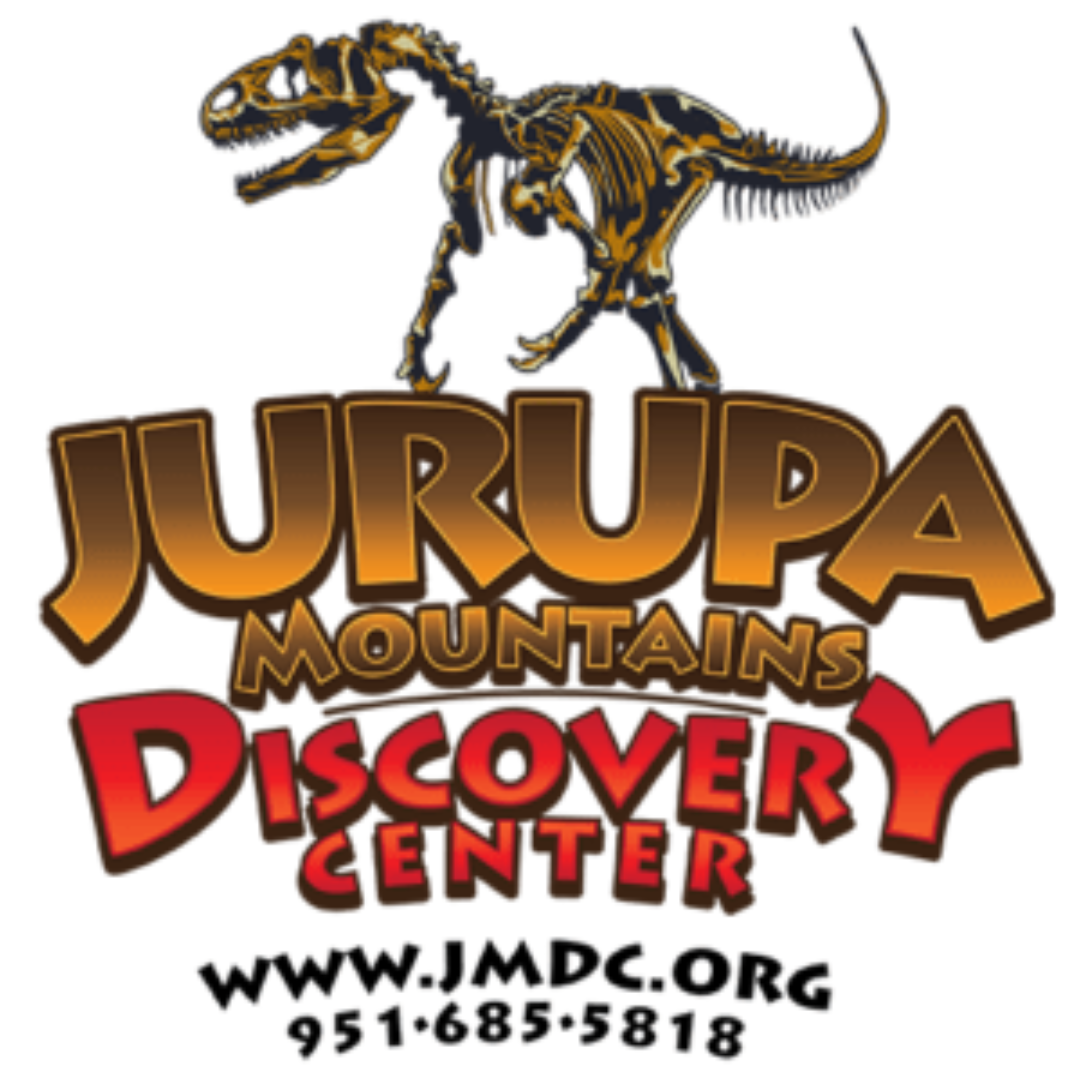 A logo featuring a dinosaur skeleton, with text "Jurupa Mountains Discovery Center" and a website/phone number.