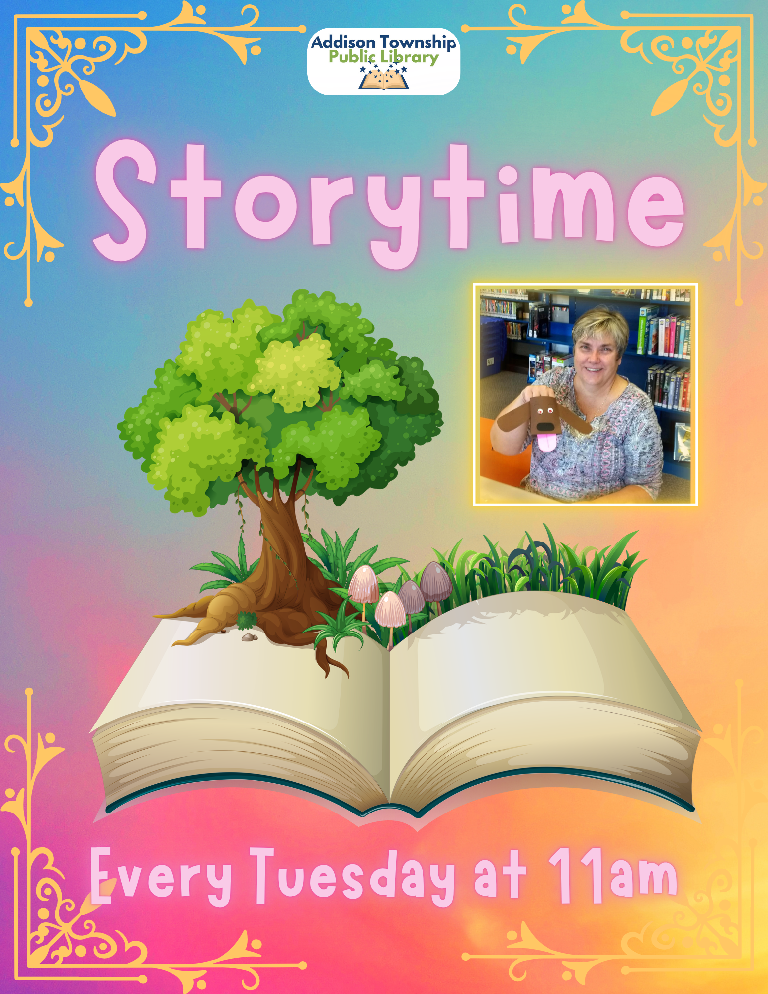 A colorful poster promoting storytime at Addison Township Public Library every Tuesday at 11 AM, featuring a smiling woman with a puppet.