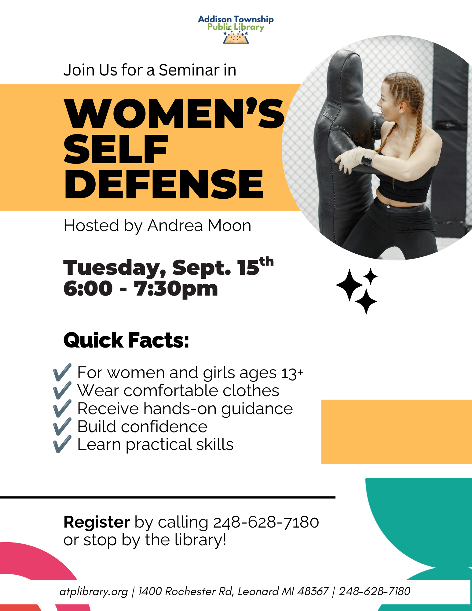 Seminar on women's self-defense at Addison Township Library, Sept. 15, 6-7:30 PM. For ages 13+, register via phone or in-person.