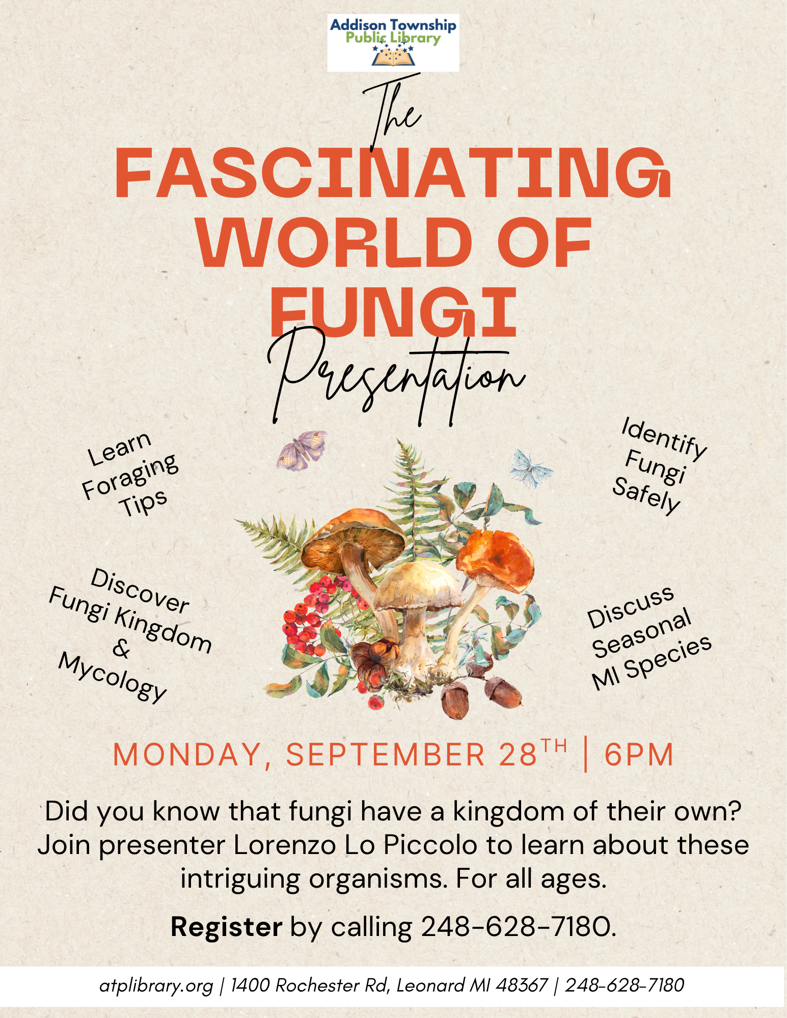 A presentation on fungi by Lorenzo Lo Piccolo at Addison Township Library on September 28, focusing on foraging and identification.