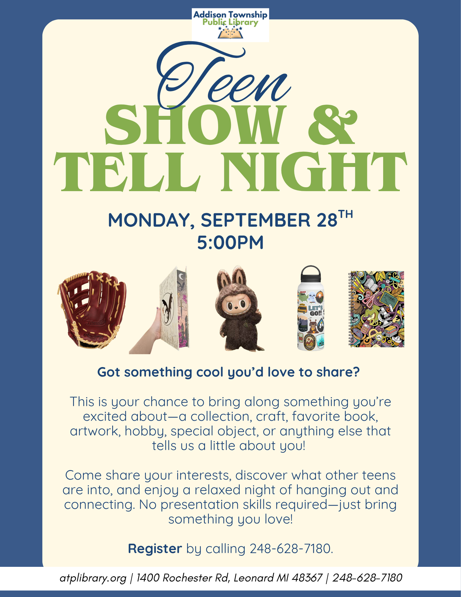 Join the Addison Township Public Library on Sept 28 at 5 PM for Teen Show & Tell Nightโshare your interests and connect!