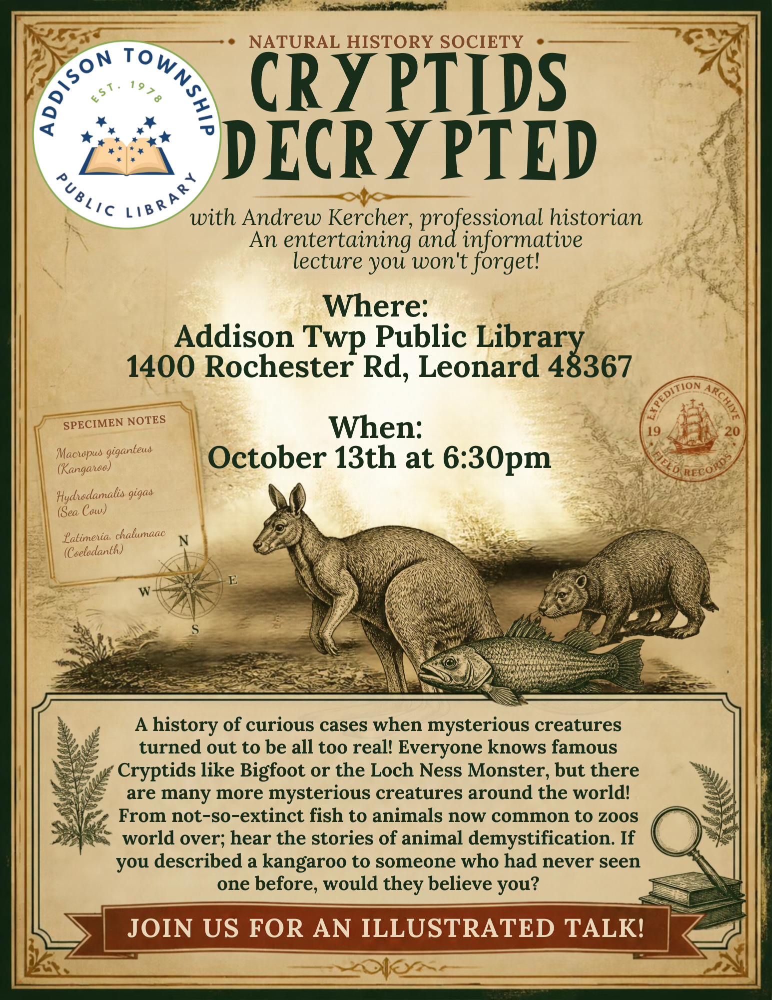 Event on cryptids by historian Andrew Kercher at Addison Township Public Library, October 13th, 6:30 PM. Join for insights!