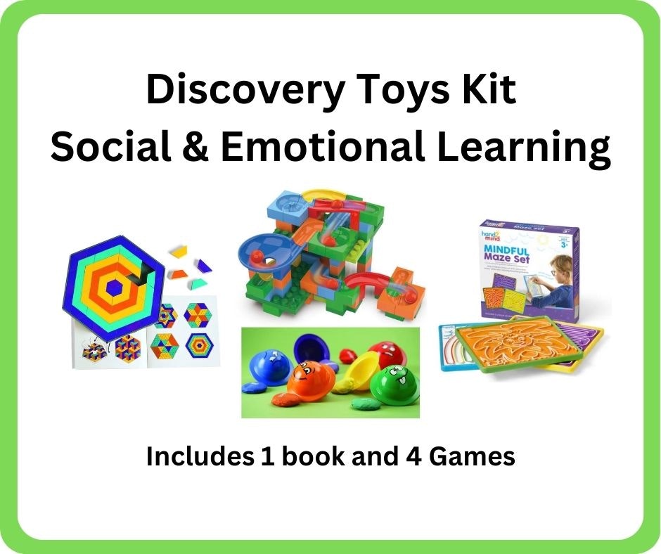 The image showcases a Discovery Toys Kit for social and emotional learning, including toys, a book, and games.