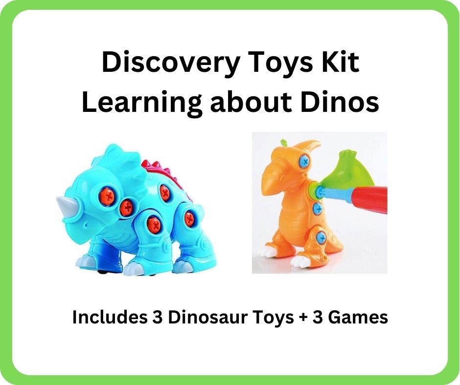 A learning kit featuring dinosaur toys and games, designed for educational fun about dinosaurs.