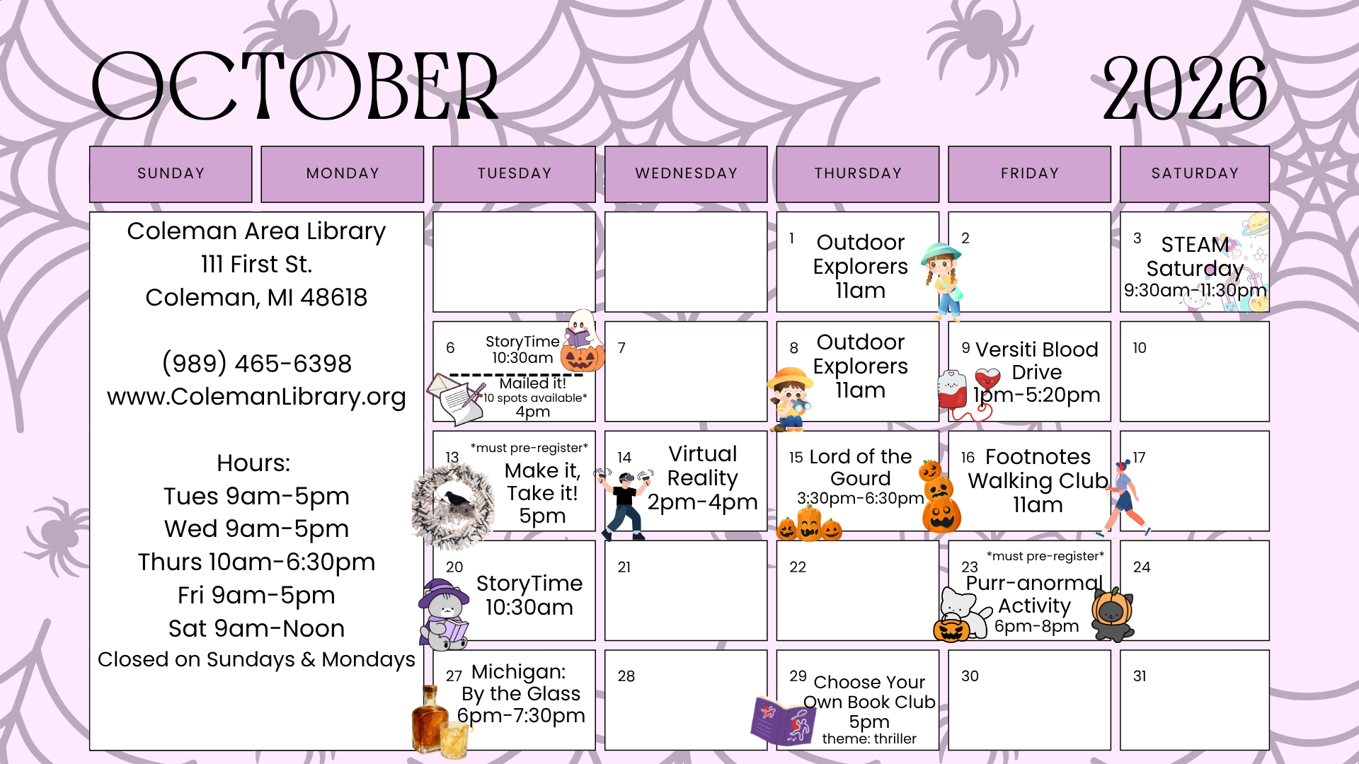October 2026 calendar for Coleman Area Library featuring events like Outdoor Explorers, StoryTime, and a Blood Drive.