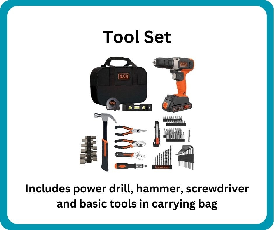 A tool set with a power drill, hammer, screwdriver, and essential tools, all in a carrying bag. Perfect for DIY projects!