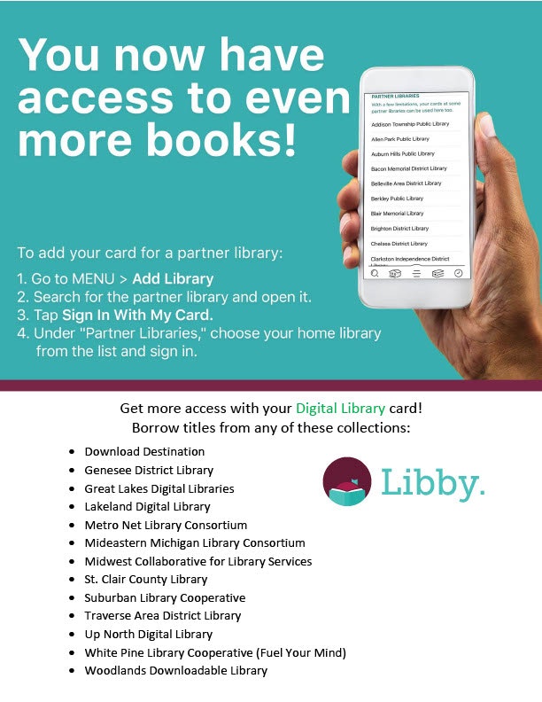 The image promotes access to more books via partner libraries using a digital library card, with instructions on how to add a library.