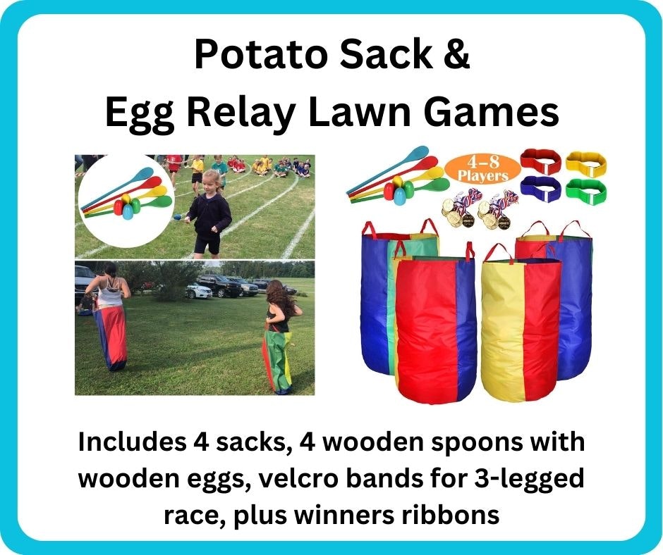 The image showcases a Potato Sack and Egg Relay game set, suitable for 4-8 players, including sacks, spoons, eggs, and ribbons.