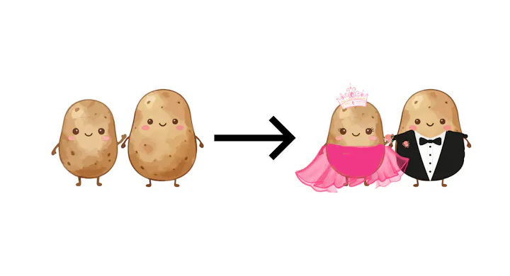 A cute illustration of two potatoes turning into a happily married couple in formal attire, celebrating love and fun!