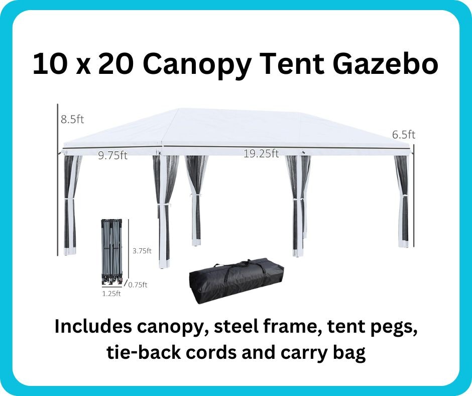 A 10x20 canopy tent gazebo with dimensions, includes frame, pegs, tie-back cords, and a carry bag.