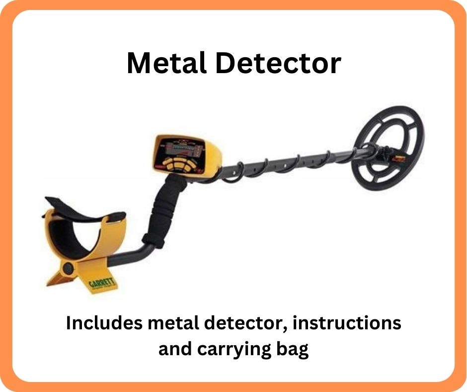 A metal detector with instructions and a carrying bag included.