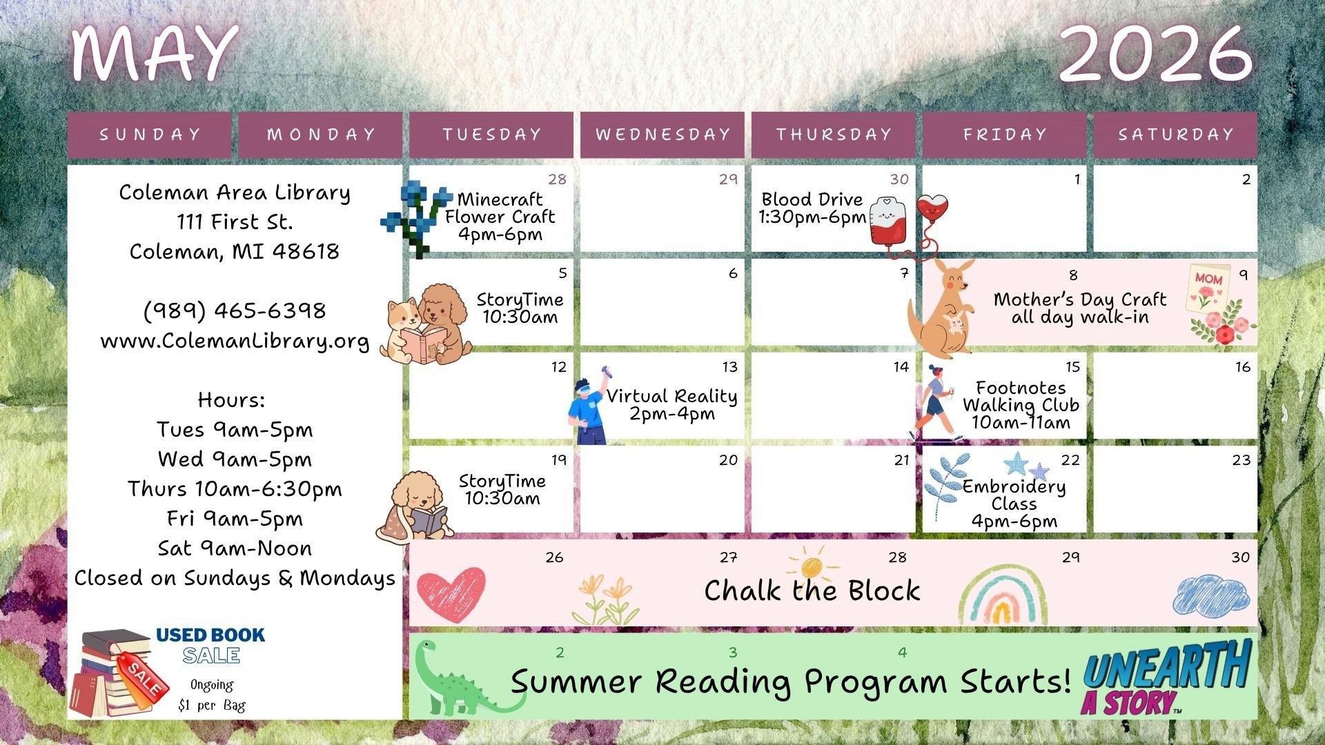 The calendar for Coleman Area Library in May 2026, featuring events like StoryTime, crafts, and a blood drive.