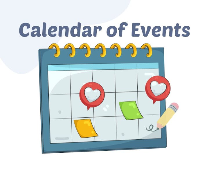 A colorful cartoon calendar titled "Calendar of Events," featuring notes and heart icons.