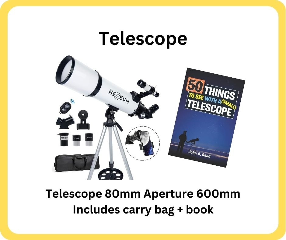 A telescope with 80mm aperture, 600mm focal length, includes a carry bag and the book "50 Things to See With a Small Telescope."