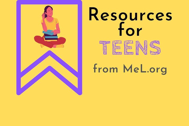 The image features resources for teens from MeL.org, with an illustration of a girl holding books on a yellow background.