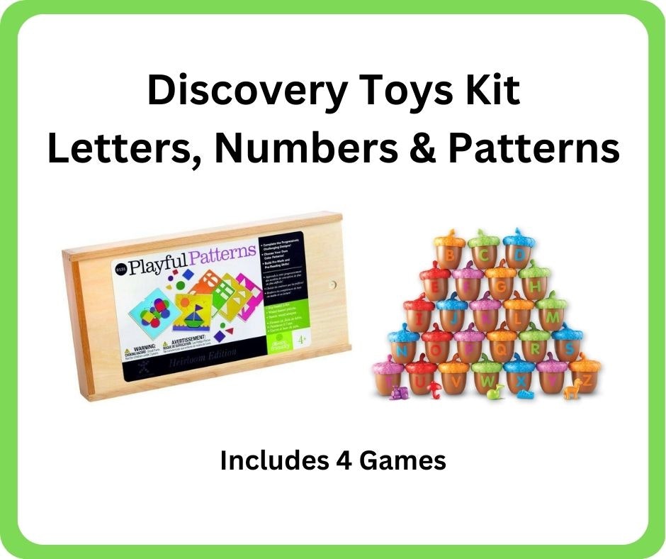 Image of a Discovery Toys kit for learning letters, numbers, and patterns, including four games and colorful lettered pots.