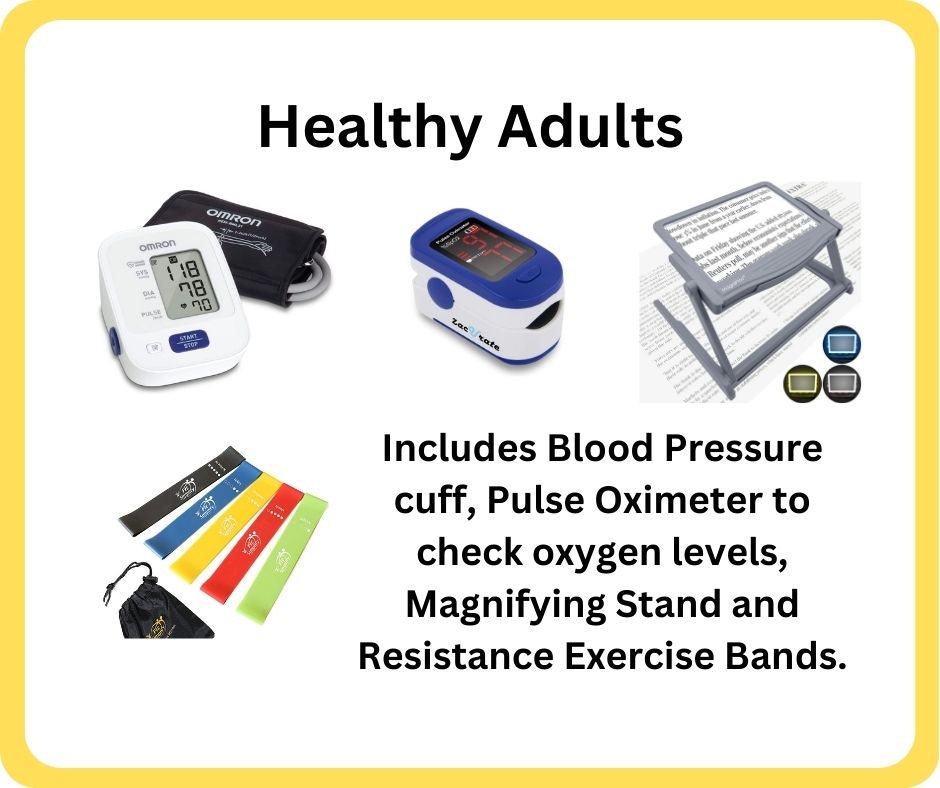 The image features health equipment: a blood pressure cuff, pulse oximeter, magnifying stand, and resistance exercise bands.