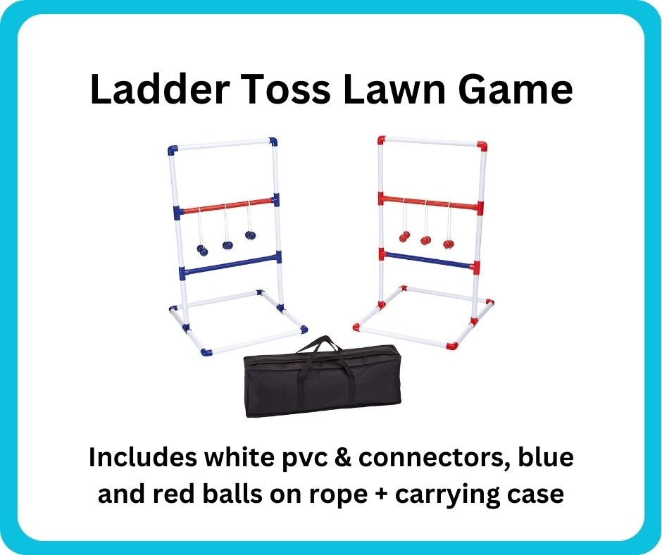 Ladder Toss lawn game set with PVC frame, blue and red balls on ropes, plus carrying case included.