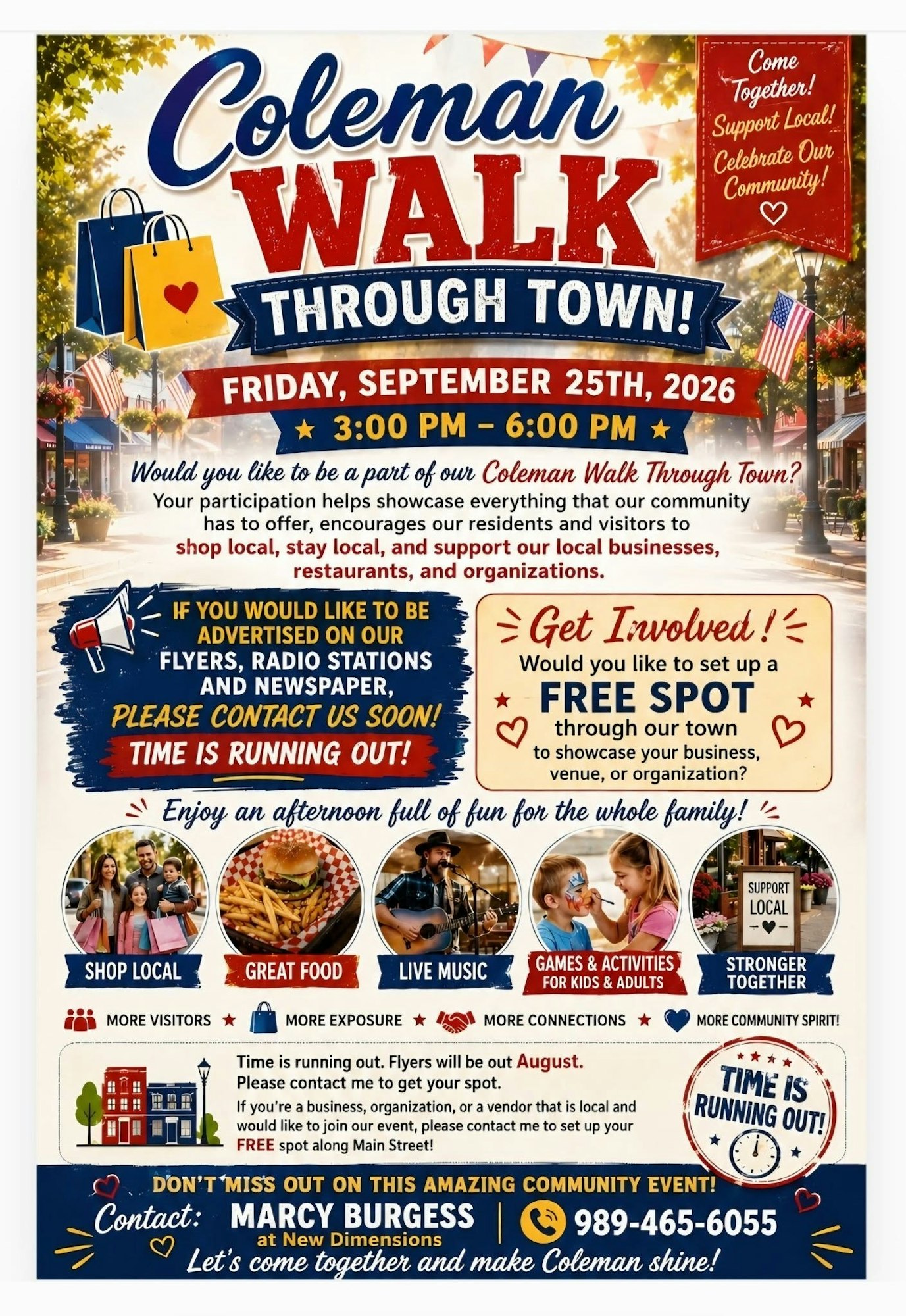 Event announcement for "Coleman Walk Through Town" on September 25, 2026, from 3 PM to 6 PM, promoting local businesses and community fun.