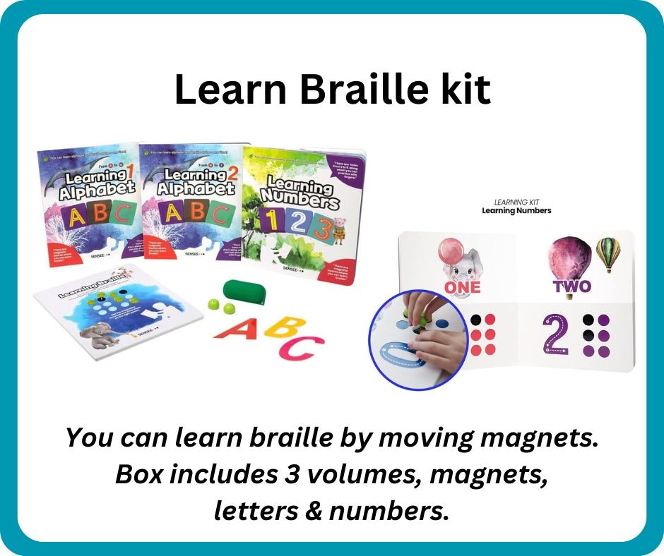 A "Learn Braille" kit featuring three educational books on letters and numbers, along with magnets and other learning tools.