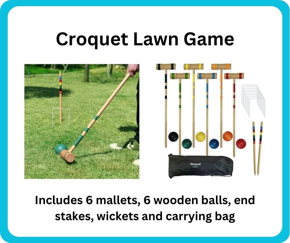 Image showcases a croquet lawn game set with mallets, balls, wickets, stakes, and a carrying bag. Perfect for outdoor fun!