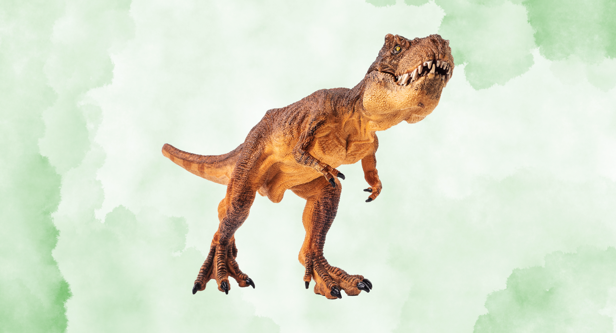 The image depicts a detailed dinosaur figure, reminiscent of a T. rex, set against a soft green background.