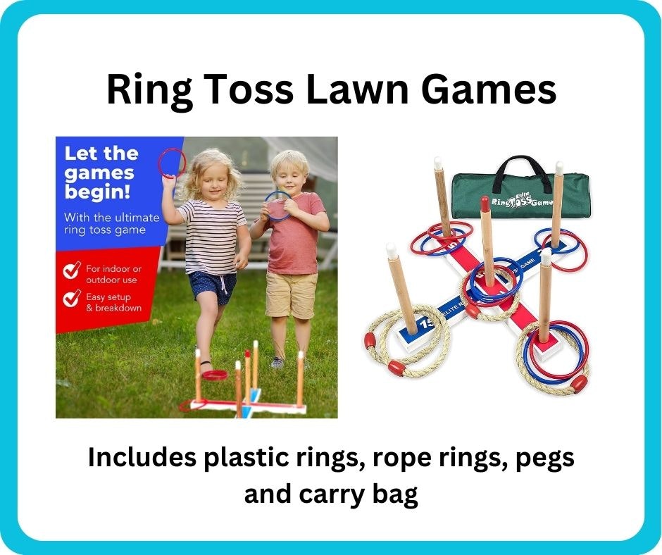 Image promotes a ring toss lawn game for indoor/outdoor fun, featuring rings, pegs, and a carry bag.