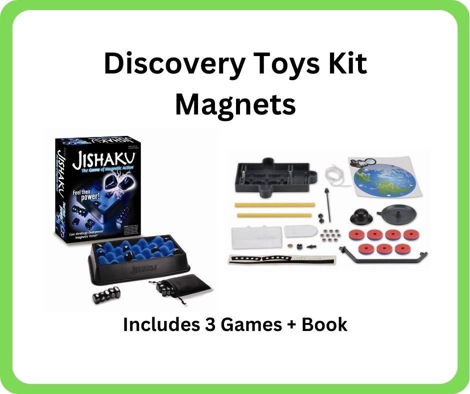 A discovery toy kit featuring magnets, including the game Jishaku, along with three games and a book.