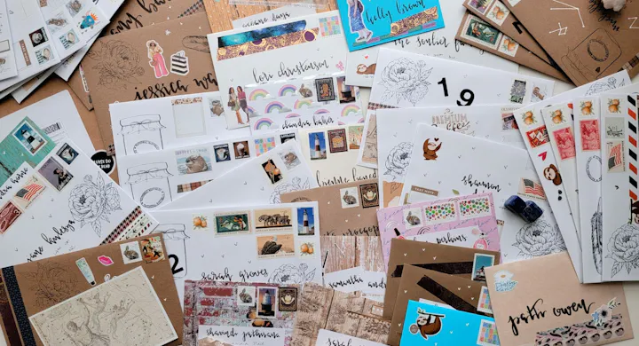 A collection of decorative stationery, including stickers, stamps, and envelopes with various designs scattered on a surface.