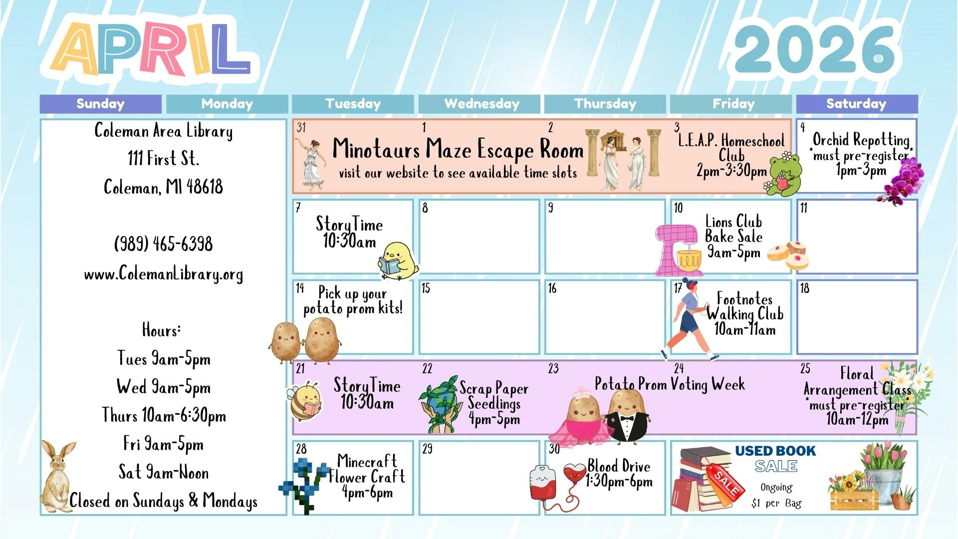 April 2026 calendar for Coleman Area Library: events like Story Time, a bake sale, and a blood drive. Check hours and activities!