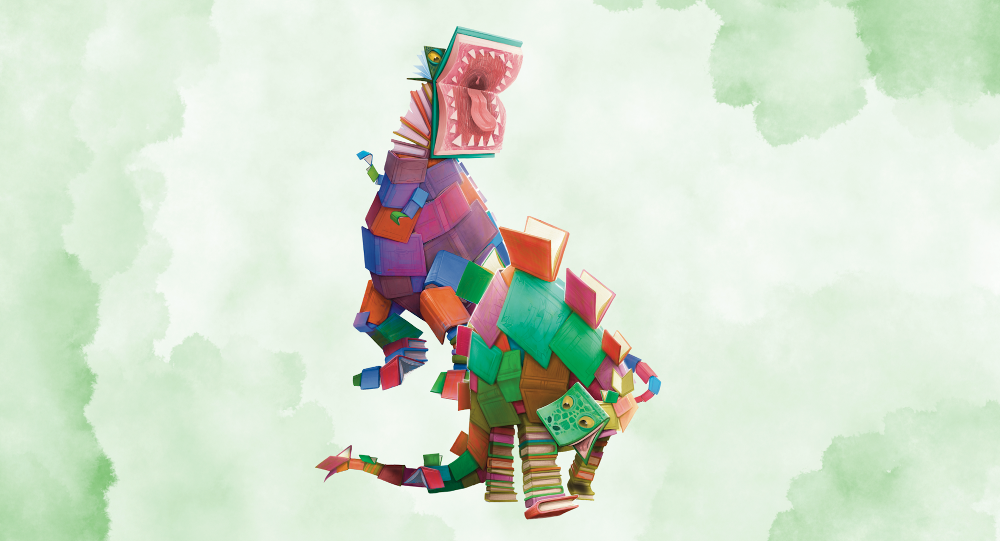 The image features colorful, abstract dinosaur-like creatures made of stacked blocks and books, set against a soft green background.